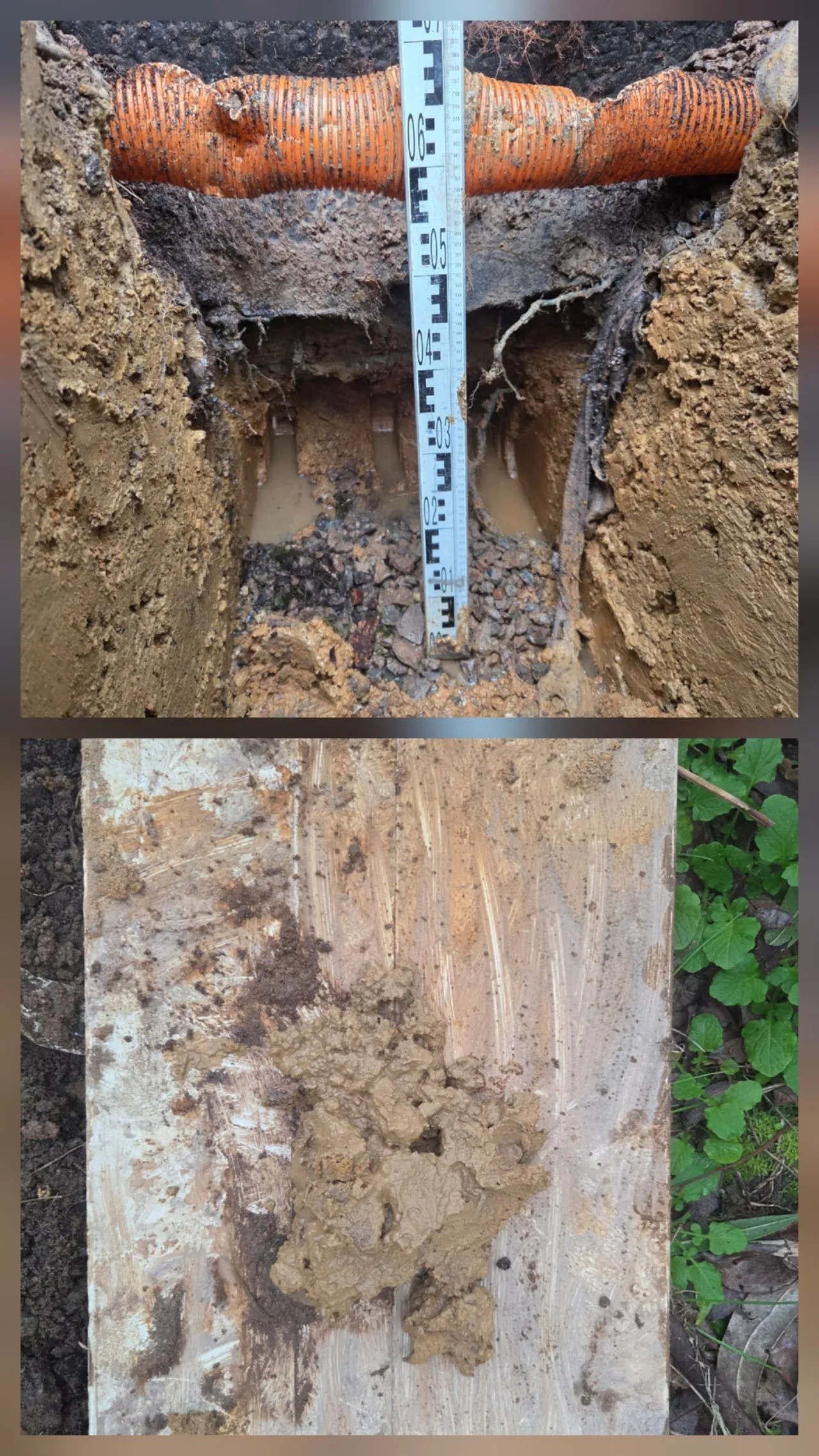 Côté mitoyen B avec drain agricole annelé orange - Eau stagnante en pied de fondation, argile saturée